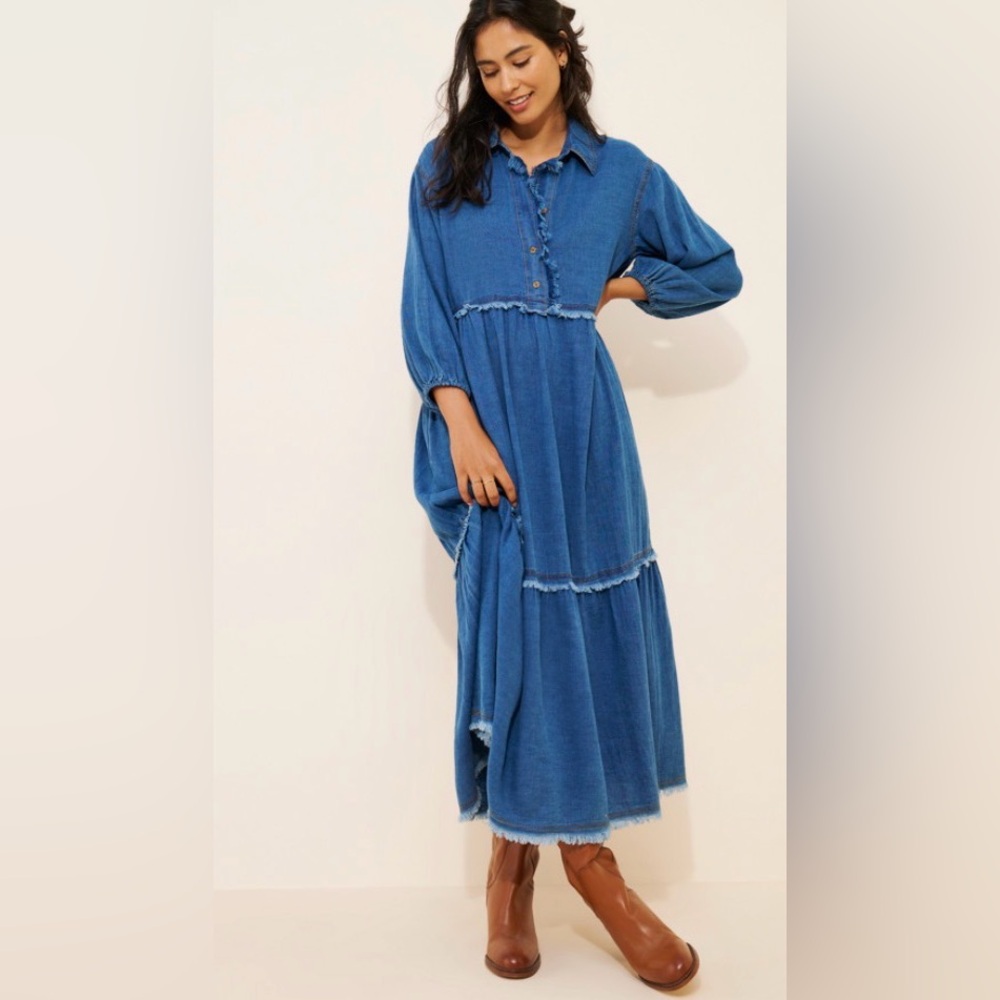 Anthropologie “The Bettina” Tiered Boho Shirt Dress by Maeve: Dark Denim Edition - Picture 7 of 9